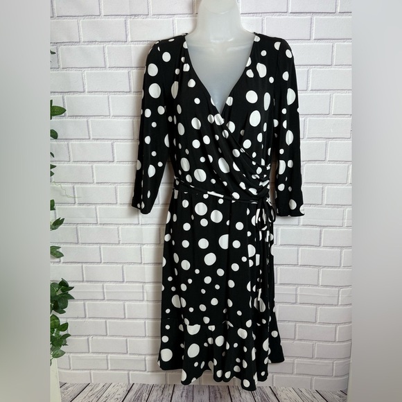 Maggy London Black and White Polka Dot wrap Long Sleeve midi Dress/size 14 - Picture 6 of 8